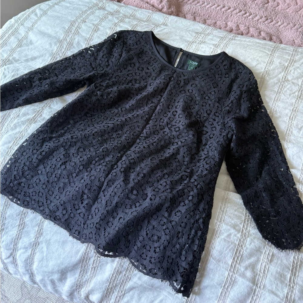 J.CREW Lace Overlay Blouse Black 3/4 Sleeve Lined Scalloped Hem Size 4